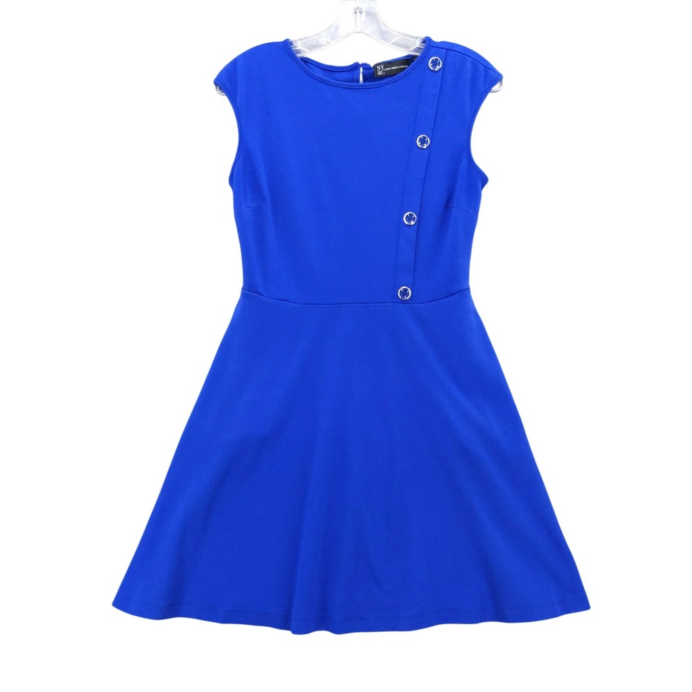NY&C Blue Fit & Flare Dress with Pockets and Button Detail - Size‎ S